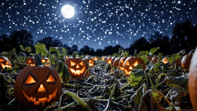 Glowing Jack O Lanterns In A Pumpkin Patch At Night