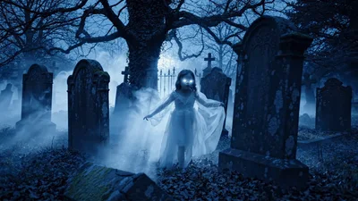 Ghostly Girl Walking Through A Foggy Graveyard At Night