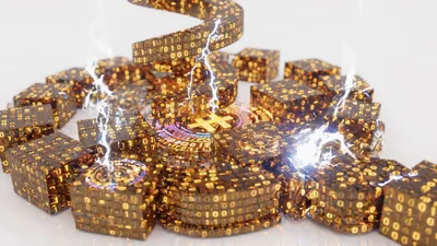 Digital Bitcoin Symbol Surrounded By Rotating Binary Data Cubes