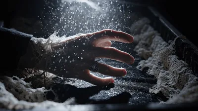 Pale Hand Reaching Out From A Dark Coffin