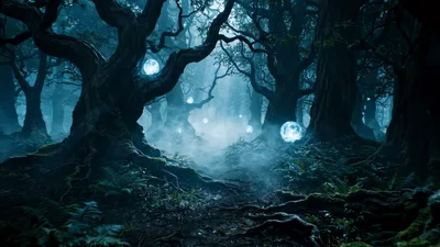 Glowing Blue Orbs Floating In A Dark Enchanted Forest