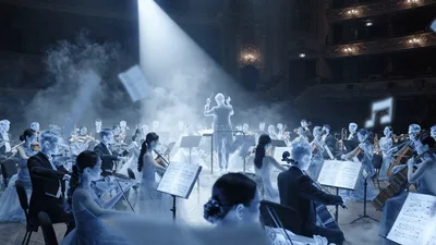 Orchestra Performing In A Dreamy Foggy Concert Hall