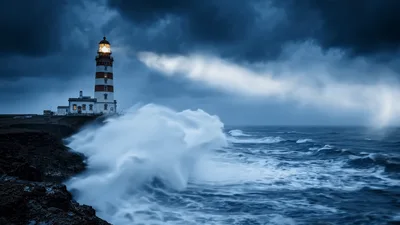 Lighthouse Standing On Rocky Cliff During Stormy Weather