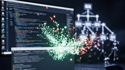Computer Monitor Displaying Code And Git Branching Visualization