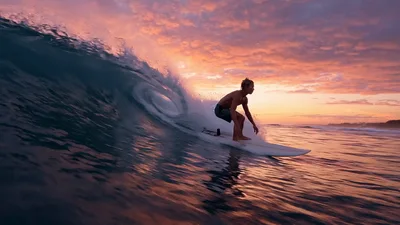 Surfer Riding A Wave During A Vibrant Sunset