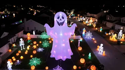 Aerial View Of A Decorated Halloween Front Yard