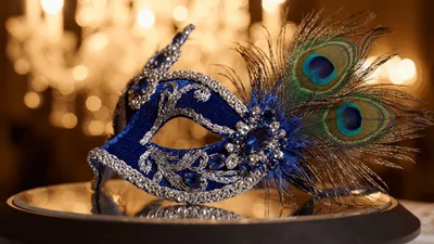 Blue Masquerade Mask Rotating on a Mirrored Display