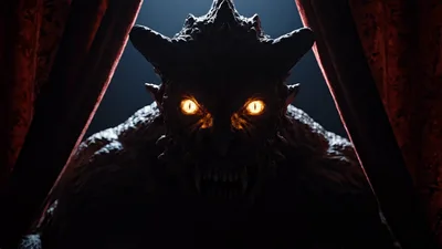 Terrifying Demon Monster Peering Through Red Velvet Curtains