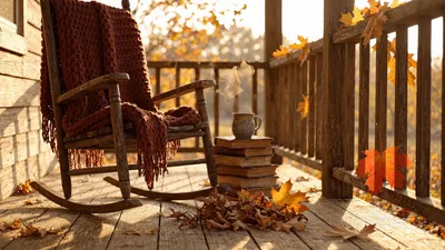 Cozy Autumn Porch Scene With Steaming Mug And Books