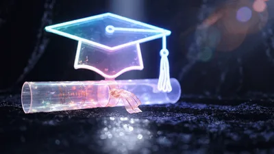 Neon Graduation Cap And Diploma On Glittering Surface