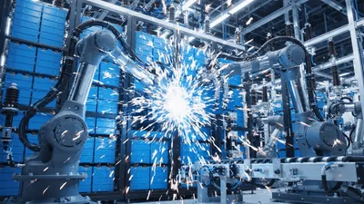 Robotic Arms Assembling Battery Modules In Automated Factory