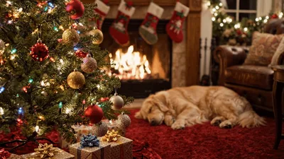 Golden Retriever Sleeping By A Cozy Christmas Fireplace