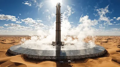 Futuristic Solar Thermal Power Tower In Desert Landscape