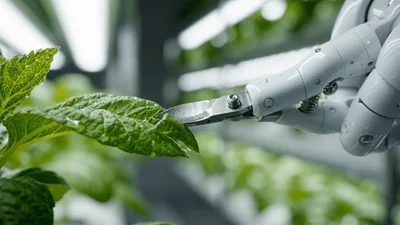 Robotic Arm Pruning Green Leaf In Vertical Farm