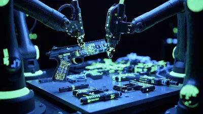 Robotic Arms Assembling Futuristic Firearms In Dark Laboratory