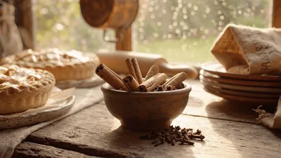 Freshly Baked Apple Pies With Cinnamon Sticks On Table