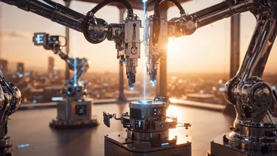 Robotic Arms Assembling High Tech Components In Futuristic Lab