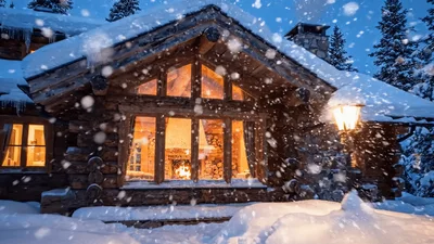 Cozy Log Cabin With Glowing Fireplace During Winter Snowfall