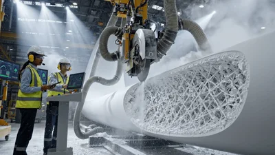 Engineers Monitoring Robotic Cutting Of Industrial Wind Turbine Blade