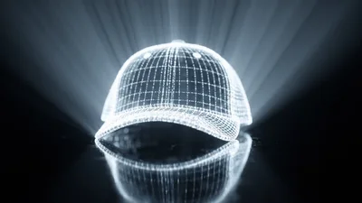 Glowing Wireframe Baseball Cap Rotating On Reflective Surface