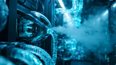 Liquid Cooled Server Rack With Glowing Blue Cables