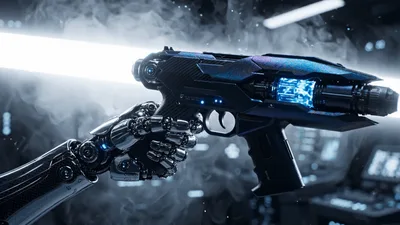 Robotic Hand Holding Futuristic Sci-Fi Energy Pistol