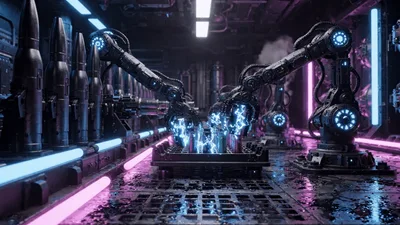 Robotic Arms Assembling Futuristic Energy Cells In Factory