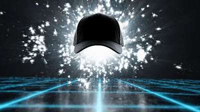 Black Baseball Cap Floating Above Glowing Neon Grid