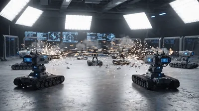Futuristic Combat Robots Firing Weapons At Humanoid Targets