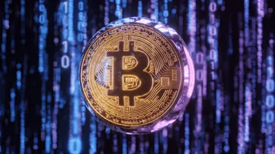 Golden Bitcoin Coin Rotating Against Digital Binary Code Background
