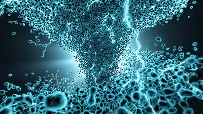 Abstract Tornado Of Glowing Blue Microscopic Cells