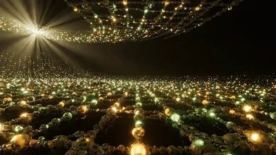 Abstract Digital Grid Of Glowing Spheres In Dark Space