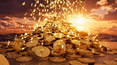 Golden Ethereum Coins Piling Up Under Falling Sparks