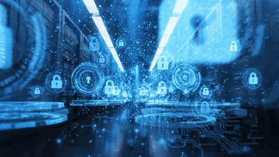 Digital Security Padlock Icons Floating In Server Room