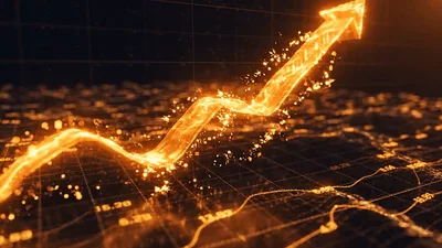 Glowing Financial Arrow Rising Over Digital Data Grid