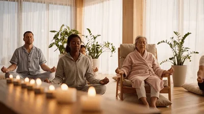 Diverse Group Practicing Meditation In A Bright Studio