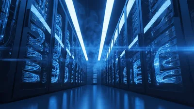 Modern Data Center Server Room With Glowing Blue Cables