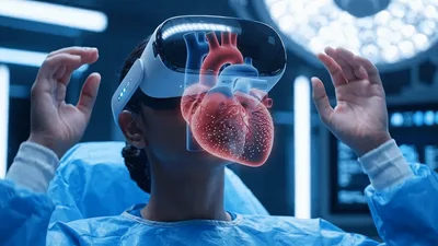 Surgeon Using Virtual Reality Headset To Examine 3D Heart