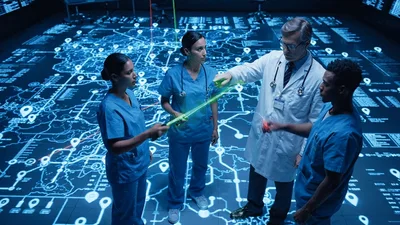 Medical Team Analyzing Digital Map in High Tech Laboratory
