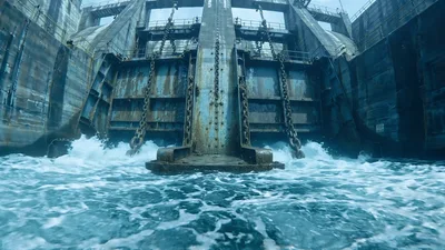 Underwater View Of A Large Industrial Dam Gate