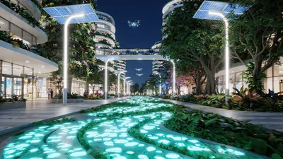 Futuristic Smart City Street With Glowing Pathways And Drones