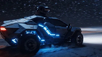 Futuristic Armored Vehicle Driving Through Desert At Night