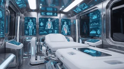Futuristic Medical Pod Interior With Holographic Diagnostic Displays