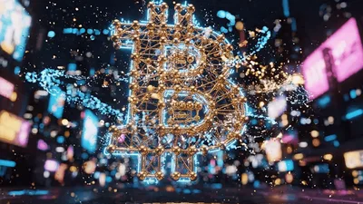 Golden Bitcoin Symbol Floating In Futuristic City Street
