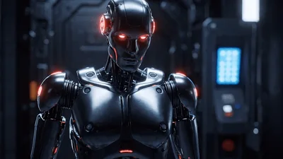Advanced Black Android Robot Standing In Futuristic Corridor