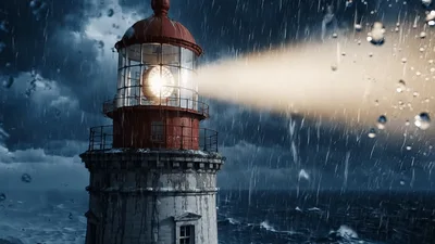 Lighthouse Beam Sweeping Over Stormy Ocean At Night