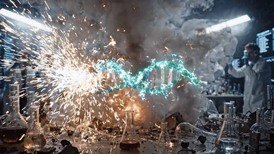 Scientific Laboratory Explosion With Glowing DNA Helix Animation