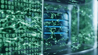 Digital Data Server Surrounded By Liquid Binary Code