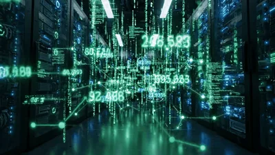 Digital Data Streams Flowing Through Server Room