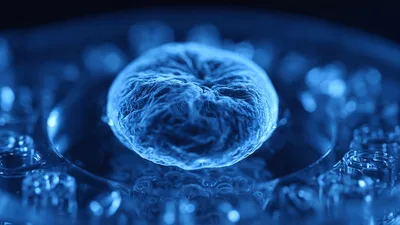 Blue Biological Cell Floating In Laboratory Petri Dish